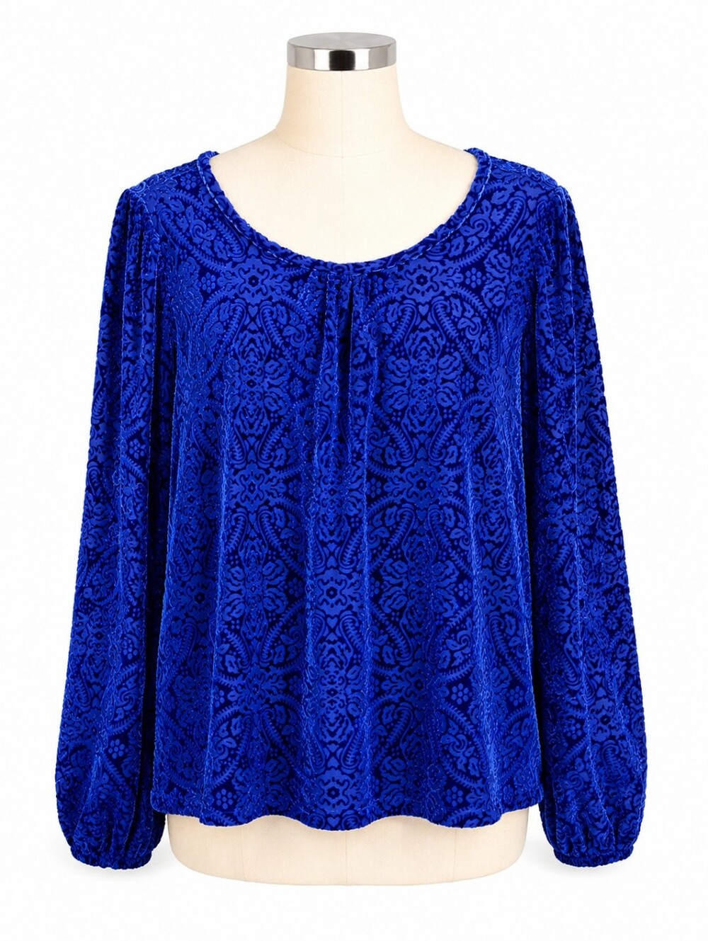 LOFT Blouse S Blue Velvet Velour Burnout Paisley Floral Top Long Sleeve Gothic
